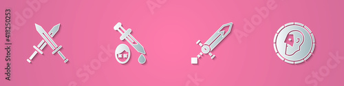 Set paper cut Crossed medieval sword, Sword with blood, Medieval and Ancient coin icon. Paper art style. Vector.