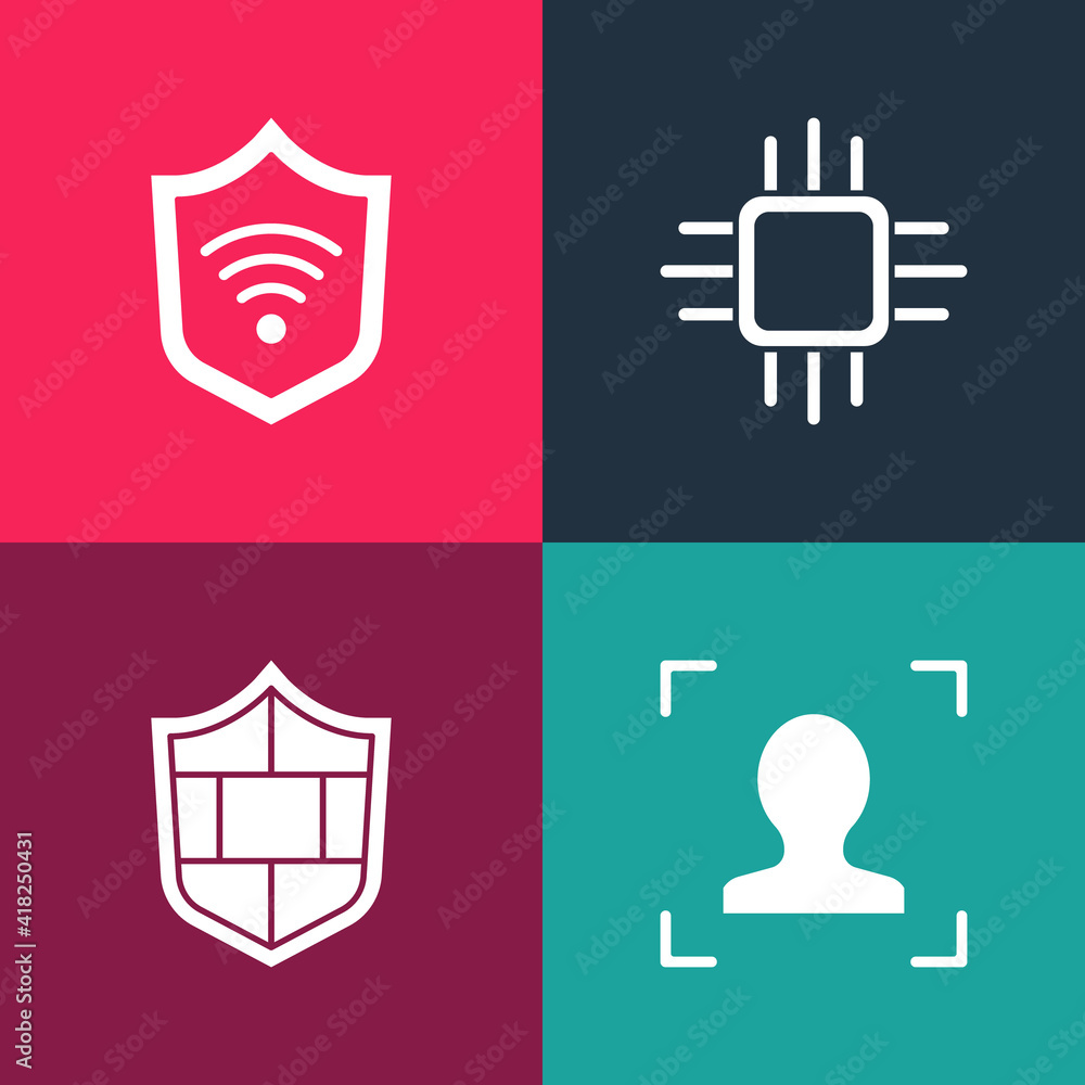 Set pop art Face recognition, Shield with brick wall, Processor microcircuits CPU and WiFi wireless icon. Vector. Set pop art Face recognition, Shield with brick wall, Processor microcircuits CPU and WiFi wireless icon. Vector.