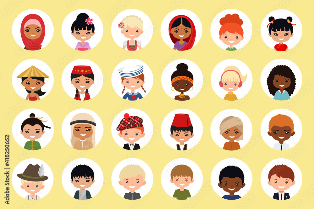 User icons of men and women of different nationalities on light background. Cartoon flat style User icons of men and women of different nationalities on light background. Cartoon flat style