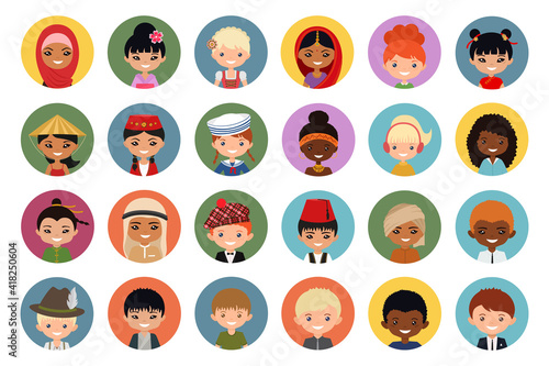 User icons of men and women of different nationalities on multicolor  background. Cartoon flat style