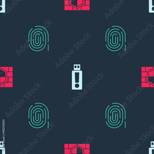 Set Shield with brick wall, USB flash drive and Fingerprint on seamless pattern. Vector.