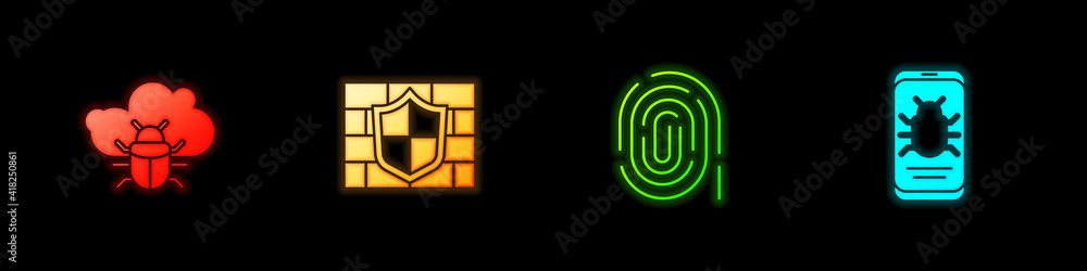 Set System bug on a cloud, Shield with brick wall, Fingerprint and mobile icon. Vector. Set System bug on a cloud, Shield with brick wall, Fingerprint and mobile icon. Vector.