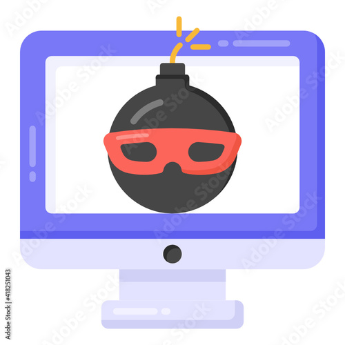 
Bomb inside screen denoting flat icon of hacked monitor 

