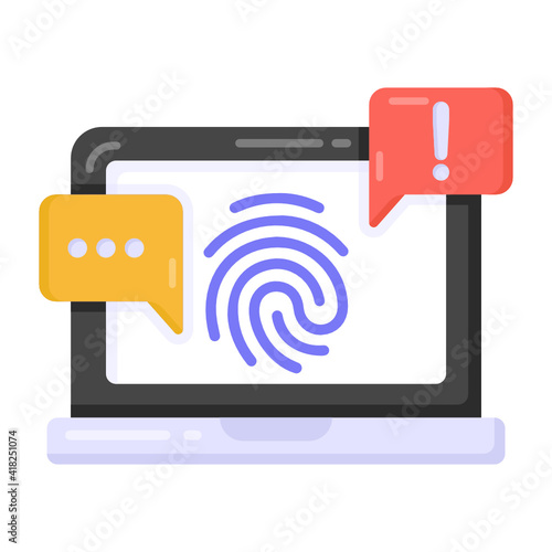 Laptop with bubbles denoting flat icon of fingerprint alert 