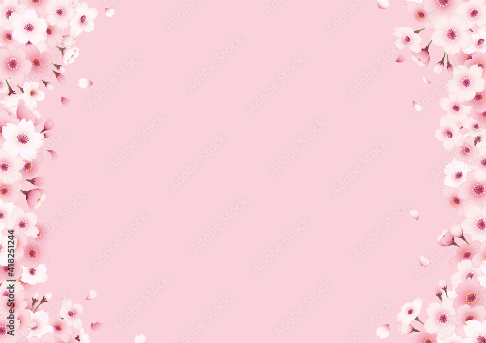 桜の手描きフレーム　横　ピンク背景 左右