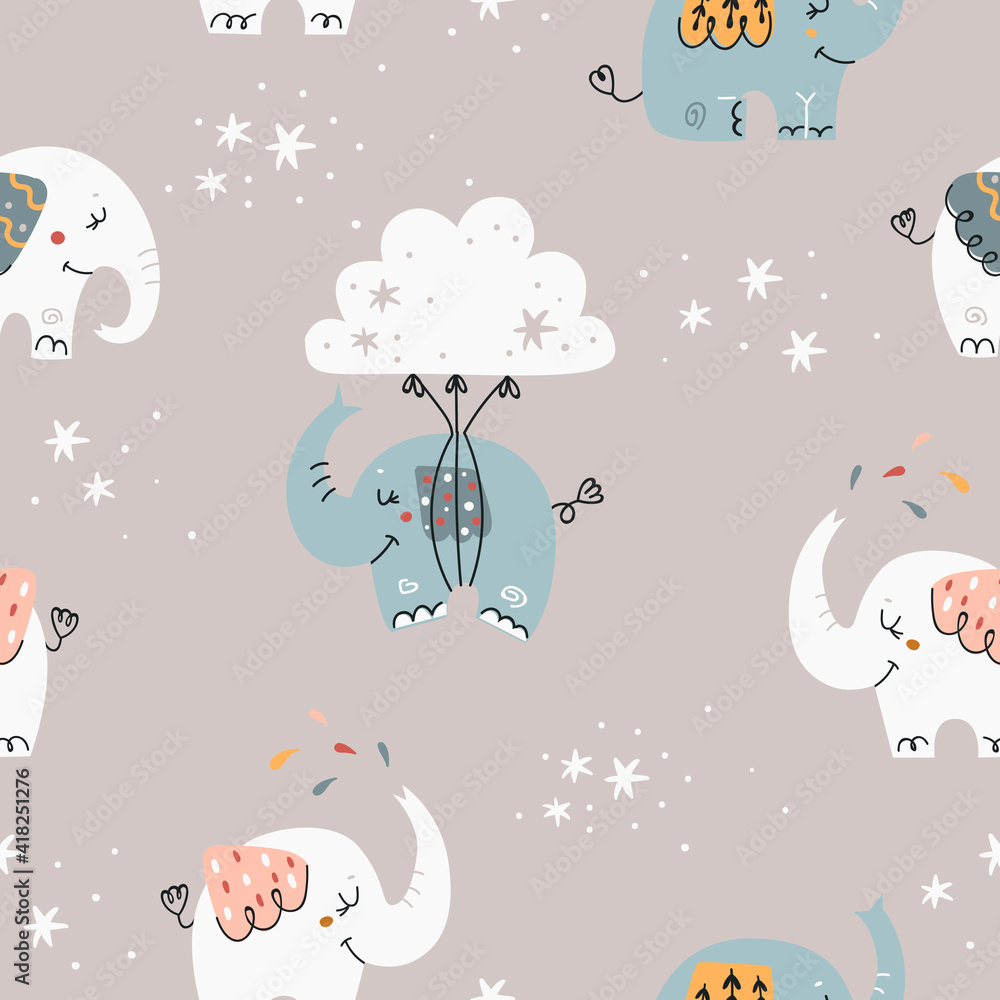 Baby seamless pattern with cute elephants.