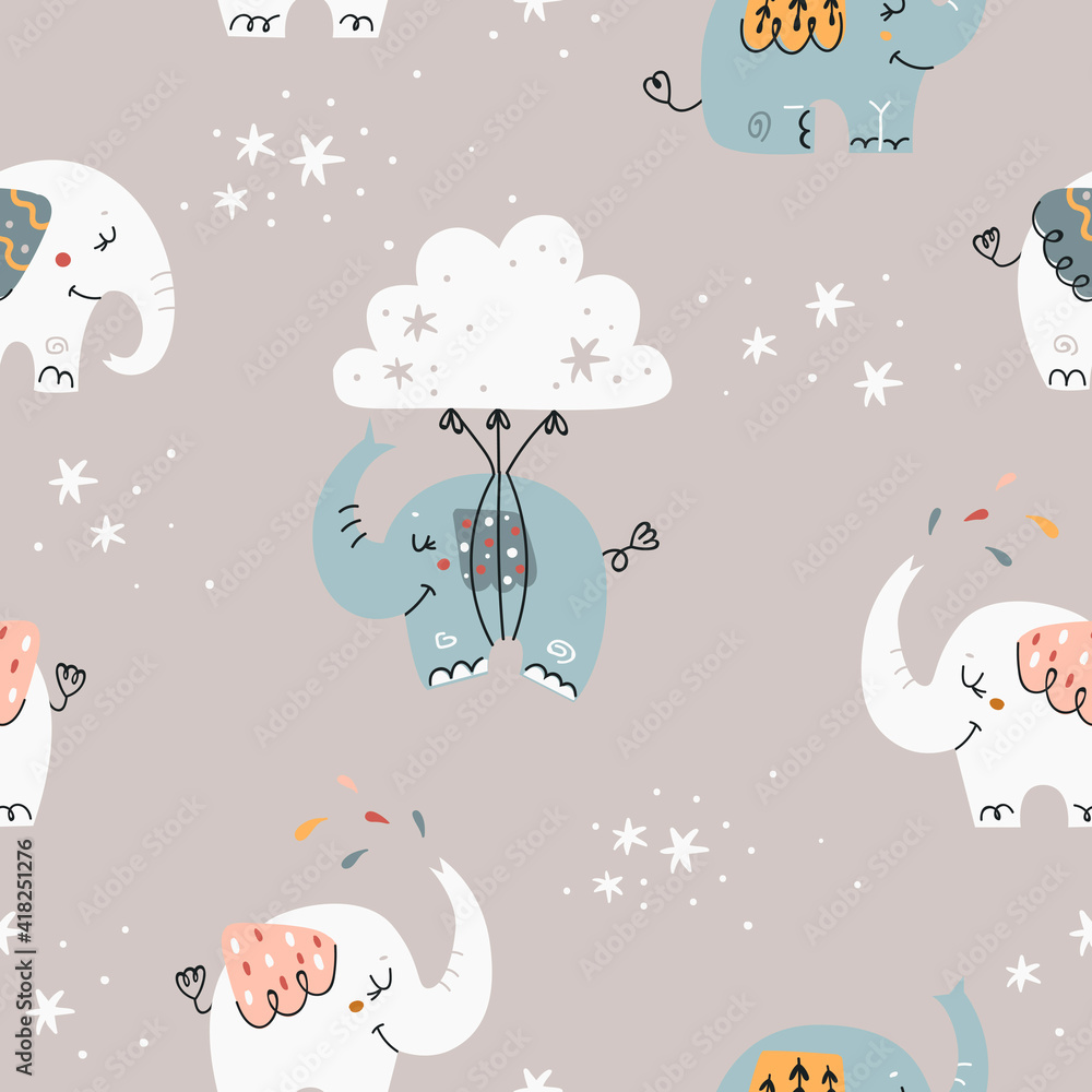 Naklejka premium Baby seamless pattern with cute elephants.