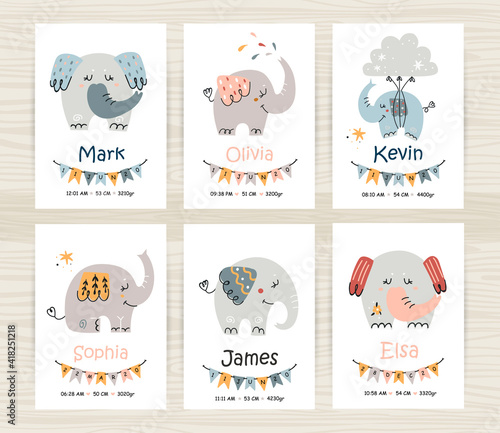 Baby shower invitation templates with cute elephants for girl and boy.