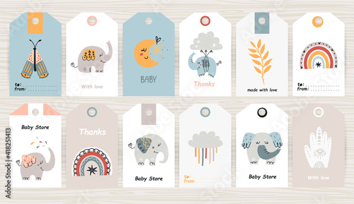Set of tags with bohemian elephants.