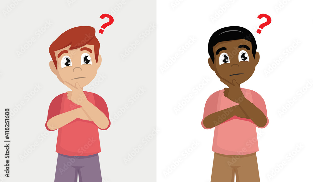 Set cute little kid boy think with question mark