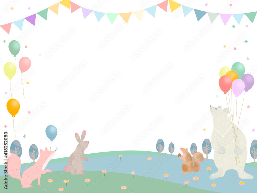 春の動物の北欧風かわいいフレームイラスト素材