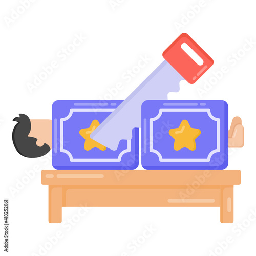 
A magic trick, flat icon of magician sawing box

