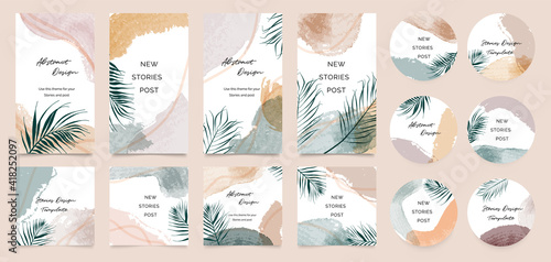 Social story templates and highlights covers vector set. Social media background design with floral and hand drawn organic shapes textures. Abstract minimal trendy style wallpaper. 
