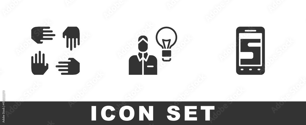 Set Project team base, Human with lamp bulb and Chat messages on phone icon. Vector. Set Project team base, Human with lamp bulb and Chat messages on phone icon. Vector.