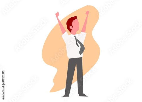 Male employee raising hands. Simple Illustration.