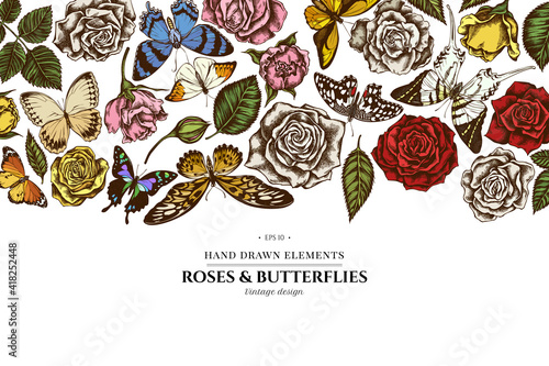 Floral design with colored lemon butterfly, red lacewing, african giant swallowtail, alcides agathyrsus, wallace s golden birdwing, purple spotted swallowtail, forest mother-of-pearl, great orange-tip