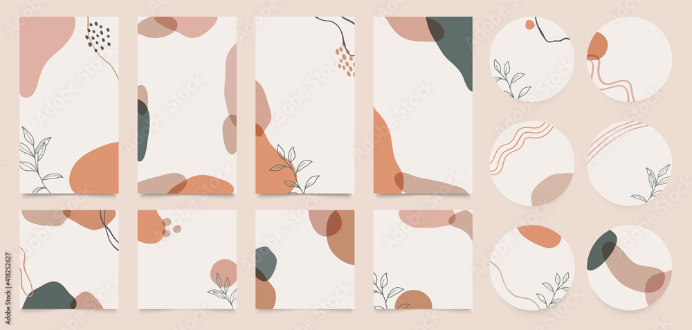 Stationary story templates and highlights covers vector set. Social media background design with floral and hand drawn organic shapes textures. Abstract minimal trendy style wallpaper. 