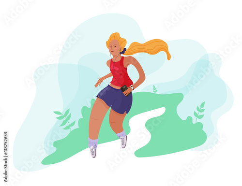 A young girl is running around the park with headphones and listening to music.