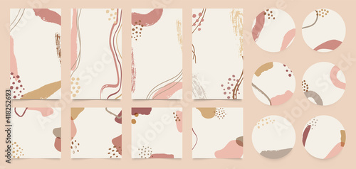 Stationary story templates and highlights covers vector set. Social media background design with floral and hand drawn organic shapes textures. Abstract minimal trendy style wallpaper. 