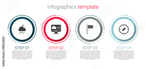 Set Cloud with rain and moon, Weather forecast, Cone windsock wind vane and Compass. Business infographic template. Vector.