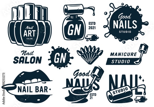Set of emblems for fingernail studio or logo of manicure service. Manicurist tools for nail bar and beauty salon