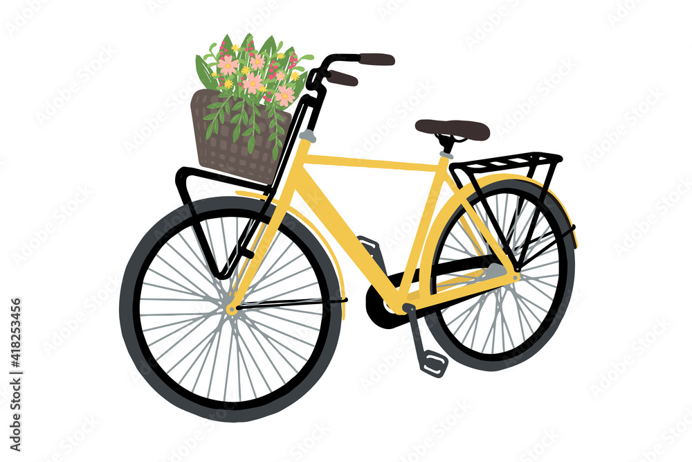 Vector hand drawn illustration of yellow bicycle with flower basket. An image of city bike in flat and doodle style.