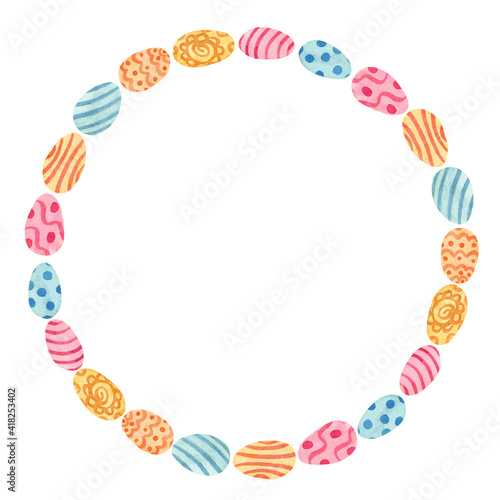 Easter round frame with eggs decorated with patterns. Hand painted watercolor illustration on white. Great for greeting cards, poster, blog decorating. Pink, blue, orange colors.