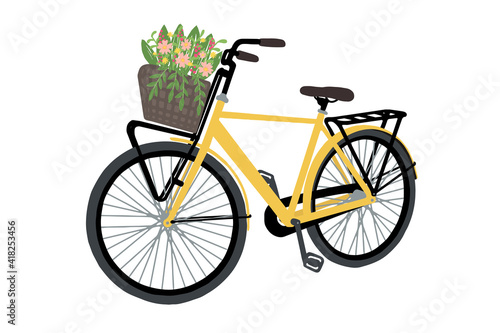 Vector hand drawn illustration of yellow bicycle with flower basket. An image of city bike in flat and doodle style.