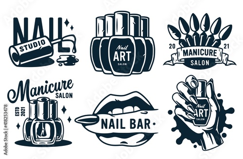 Set of manicure prints for nail bar and beauty salon. Emblem for fingernail studio or logo of nails and hands care service