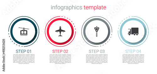 Set Cable car, Plane, Road traffic signpost and Delivery cargo truck. Business infographic template. Vector.