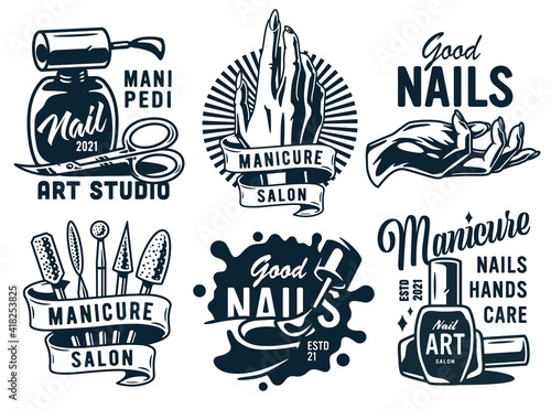 Set of manicure prints for nail bar and beauty salon. Emblem for fingernail studio or logo of nails and hands care service
