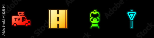 Set TV News car, Road, Train and railway and traffic signpost icon. Vector.