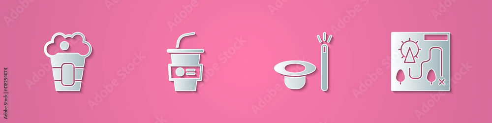Set paper cut Popcorn in box, Paper glass with water, Magic hat and wand and Amusement park map icon. Paper art style. Vector. Set paper cut Popcorn in box, Paper glass with water, Magic hat and wand and Amusement park map icon. Paper art style. Vector.