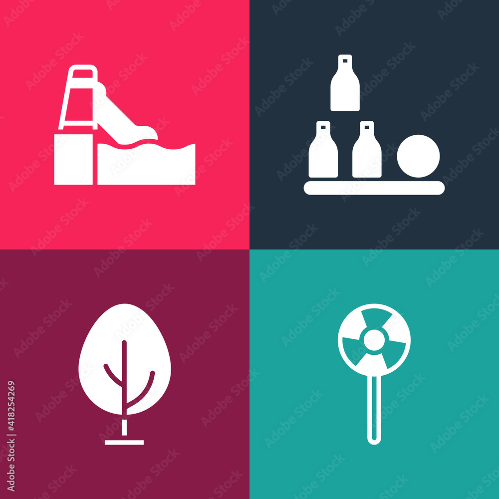 Set pop art Lollipop, Tree, Bottles ball and Water slide icon. Vector. Set pop art Lollipop, Tree, Bottles ball and Water slide icon. Vector.