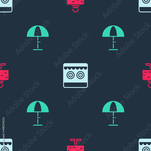 Set Magic ball on table, Shooting gallery and Sun protective umbrella on seamless pattern. Vector.