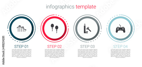 Set Roller coaster, Balloons, Striker attraction with hammer and Gamepad. Business infographic template. Vector.