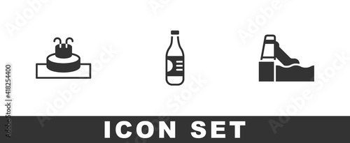 Set Fountain, Bottle of water and Water slide icon. Vector.