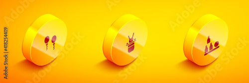Set Isometric Balloons, Magician hat and rabbit and Bottles ball icon. Vector.