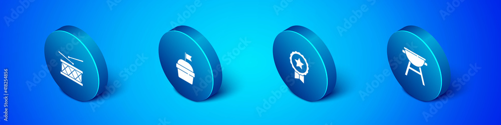 Set Isometric Drum and drum sticks, Medal with star, Barbecue grill and Cake icon. Vector. Set Isometric Drum and drum sticks, Medal with star, Barbecue grill and Cake icon. Vector.