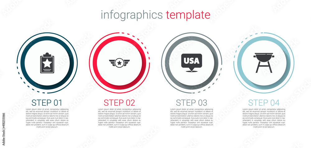 Fototapeta premium Set USA Independence day, Star American military, and Barbecue grill. Business infographic template. Vector.