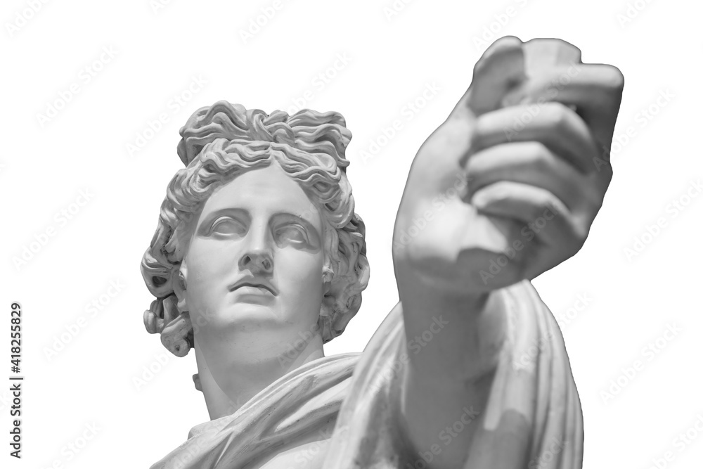 God Apollo bust sculpture. Ancient Greek god of Sun and Poetry Plaster copy of a marble statue isolated on white God Apollo bust sculpture. Ancient Greek god of Sun and Poetry Plaster copy of a marble statue isolated on white