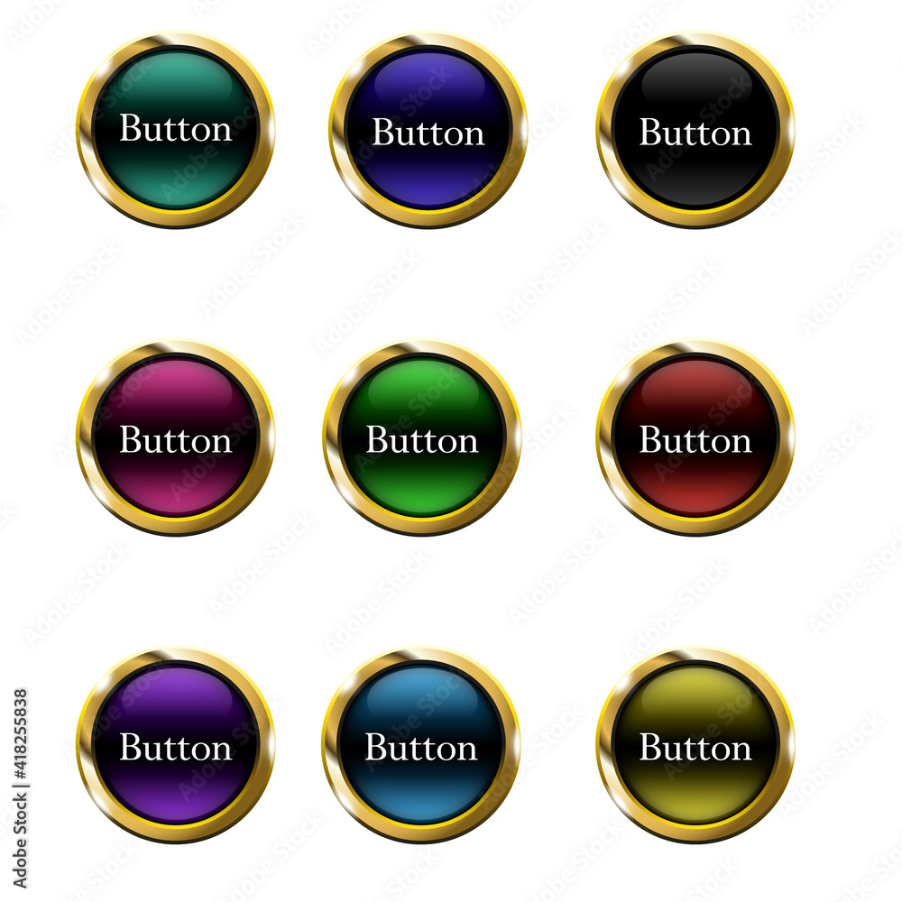 Set of colored round buttons with gold border