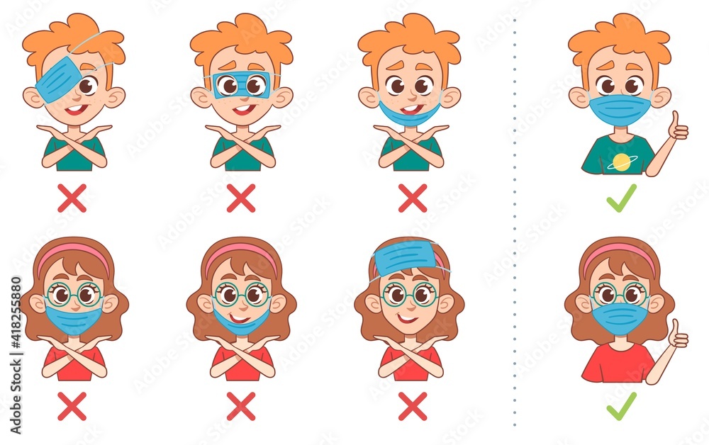Boy and girl show how to wear a mask properly to protect and prevent ...
