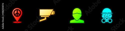 Set Location peace, Security camera, Vandal and Gas mask icon. Vector.