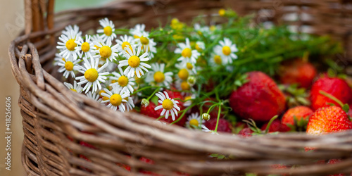 Chamomile bouquet in a basket with ripe strawberries  close-up
