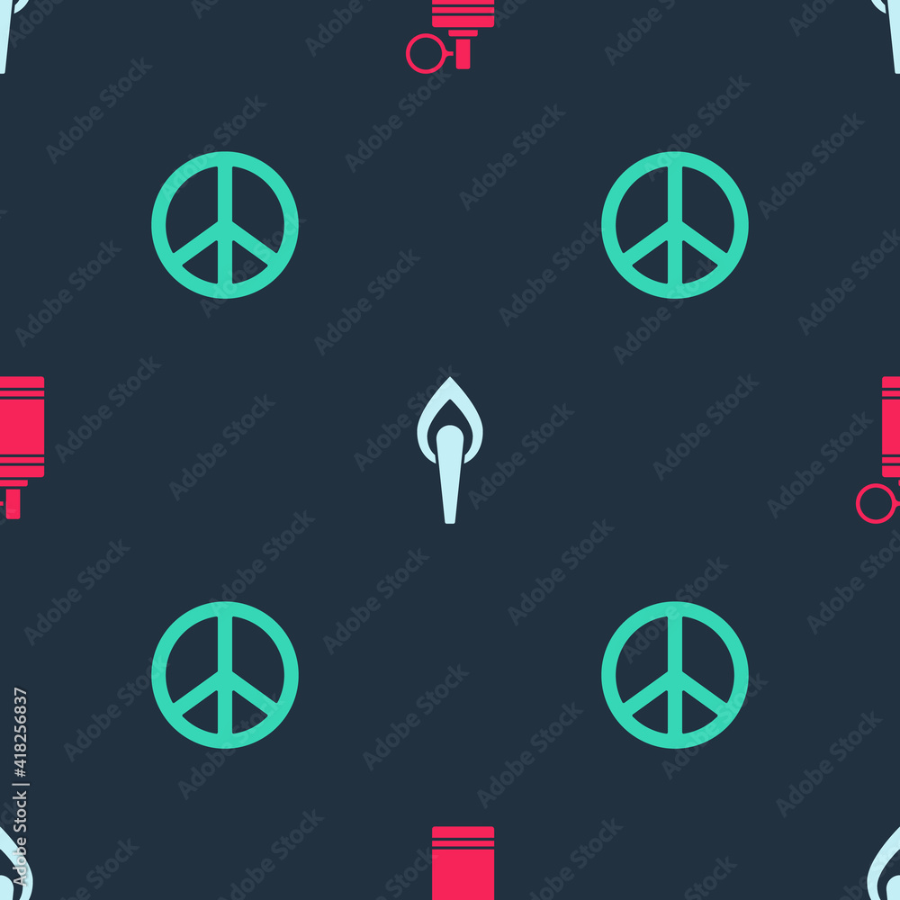 Set Hand grenade, Torch flame and Peace on seamless pattern. Vector.
