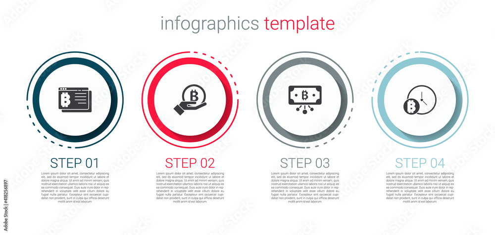Fototapeta premium Set Bitcoin in browser, Hand holding, with circuit and clock. Business infographic template. Vector.