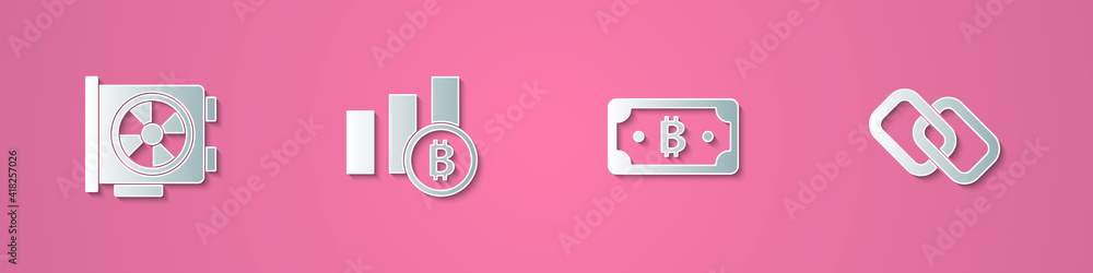 Set paper cut Video graphic card, Pie chart infographic bitcoin, Cryptocurrency and Chain link icon. Paper art style. Vector. Set paper cut Video graphic card, Pie chart infographic bitcoin, Cryptocurrency and Chain link icon. Paper art style. Vector.