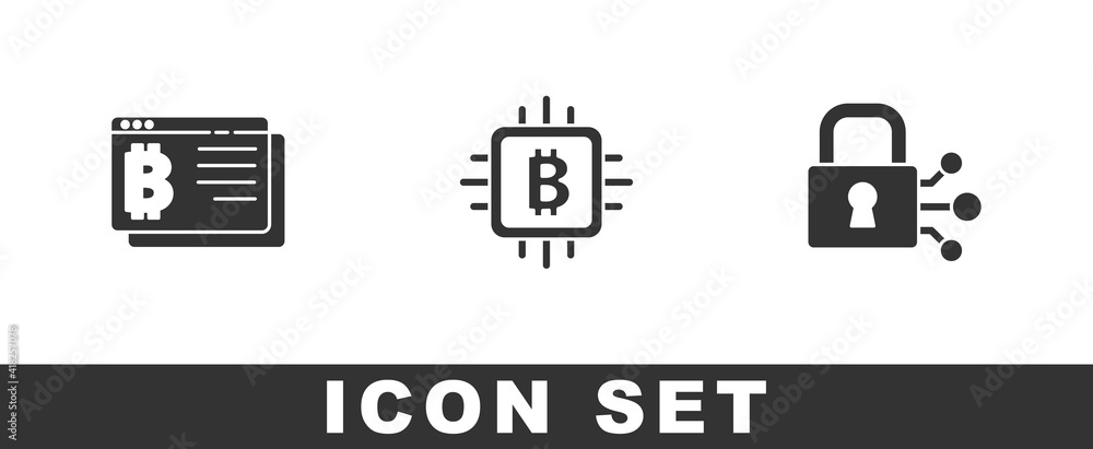 Set Bitcoin in browser, CPU mining farm and Lock with bitcoin icon. Vector. Set Bitcoin in browser, CPU mining farm and Lock with bitcoin icon. Vector.