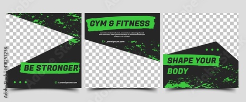 Social media post template for gym and fitness. Vector design with photo collage. Usable for social media, flyers, banners, and web internet ads.